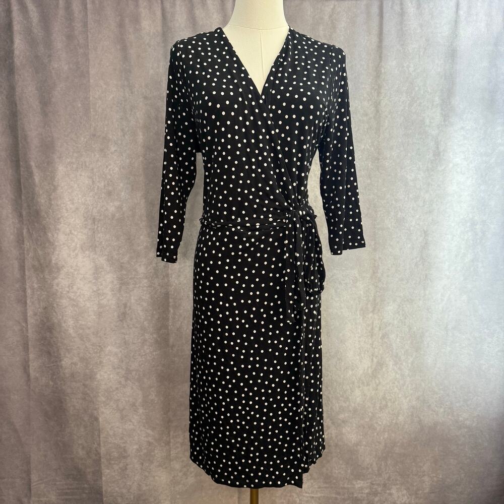 Black White Polka Dot Wrap Dress Stretchy XXL with Tie Bow Waist Mid Length - Picture 2 of 10